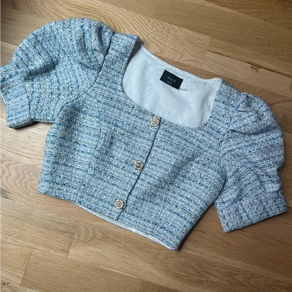 Rinah Tweed Puff Sleeve Crop Top Small - Picture 3 of 5